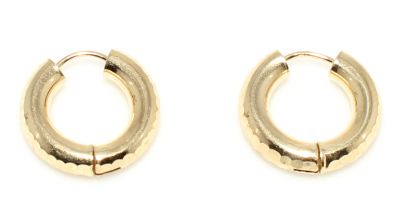 14K Gold Hand Carved Hollow Hoop Earrings - 2