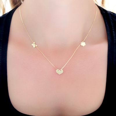14K Gold Heart & Butterfly & Clover Model Necklace - 1