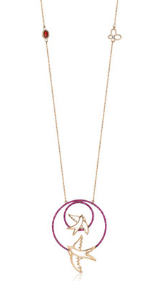 14K Gold Necklace, Pink Stoned Hole and Birds - 1