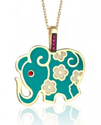 14K Gold Necklace, Turquoise Enameled and Flowered Elephant Design - Nusrettaki