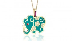 14K Gold Necklace, Turquoise Enameled and Flowered Elephant Design - Nusrettaki (1)