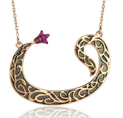 14K Gold Necklace, Vav Arabic Letter Design with Tulips - 1