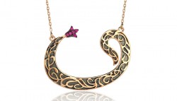 14K Gold Necklace, Vav Arabic Letter Design with Tulips - Thumbnail