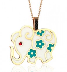 14K Gold Necklace, White Enameled and Flowered Elephant Design - Nusrettaki