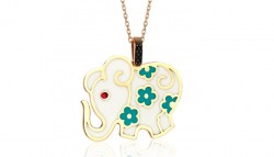 14K Gold Necklace, White Enameled and Flowered Elephant Design - Nusrettaki (1)
