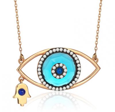 14K Gold Necklace with Hamsa Hand and Eye Frame - 1