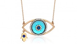 14K Gold Necklace with Hamsa Hand and Eye Frame - 2