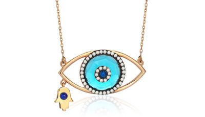 14K Gold Necklace with Hamsa Hand and Eye Frame - 2