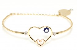 14K Gold Opened Up Hearts Bangle with Evil Eye - 1