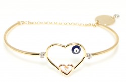 14K Gold Opened Up Hearts Bangle with Evil Eye - Nusrettaki