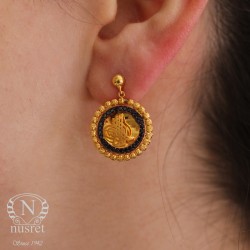 Nusrettaki - 14K Gold Ottoman Style Coins Dangle Earrings, Black Gems