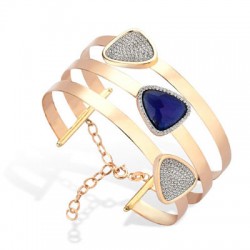 14K Gold Three Strand Bangle with Triangles Blue & Grey - Nusrettaki