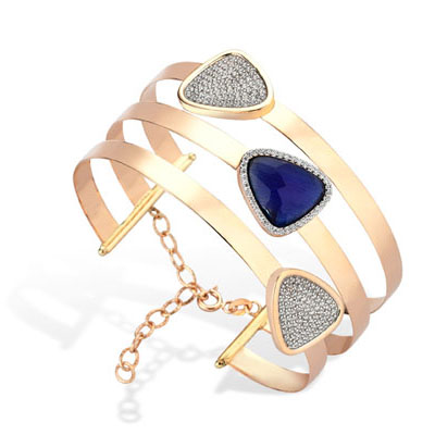 14K Gold Three Strand Bangle with Triangles Blue & Grey - 1