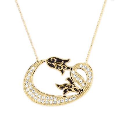 14K Gold Tulip & Vav Necklace with White Stones and Black Enamel - 1