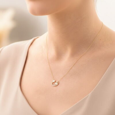 14K Gold Tulip & Vav Necklace with White Stones and White Enamel - 1