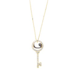 14K Gold Vav Key Necklace with White Zircon Stones - Nusrettaki