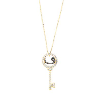 14K Gold Vav Key Necklace with White Zircon Stones - 1