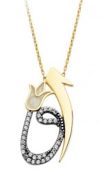 14K Solid Gold Elif Vav Tulip Pendant Necklace, White Zircon & Black Rhodium Design 