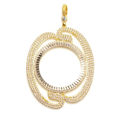 14K Solid Gold Large Vav Pattern Coin Frame Pendant - 1