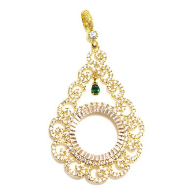 14K Solid Gold Vav Pattern Coin Frame Pendant - 1