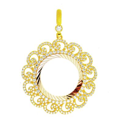 14K Solid Gold Vav Pattern Full Gold Coin Frame Pendant - 2