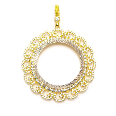 14K Solid Gold Vav Pattern Full Gold Coin Frame Pendant - 1