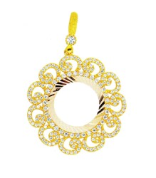 14K Solid Gold Vav Pattern Half Gold Coin Frame Pendant - 2