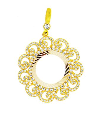 14K Solid Gold Vav Pattern Half Gold Coin Frame Pendant - 2