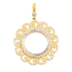 14K Solid Gold Vav Pattern Half Gold Coin Frame Pendant 