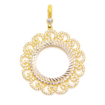 14K Solid Gold Vav Pattern Half Gold Coin Frame Pendant - 1