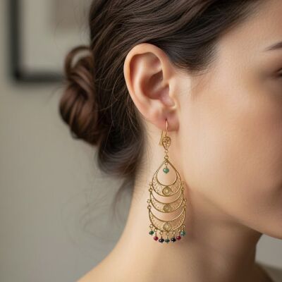 22 Ayar Altın Avize Şeklinde Kök Taşlı Sallantılı Telkari Küpe - 2