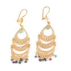 22 Ayar Altın Avize Şeklinde Kök Taşlı Sallantılı Telkari Küpe - Nusrettaki