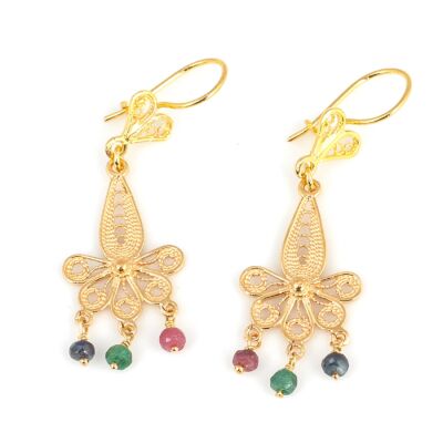 22 Ayar Altın Çiçek Motifli Kök Taşlı Sallantılı Telkari Küpe - 1