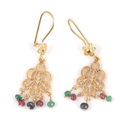 22 Ayar Altın Çiçek Şeklinde Kök Taşlı Sallantılı Telkari Küpe - 1