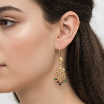 22 Ayar Altın Çiçek Şeklinde Kök Taşlı Sallantılı Telkari Küpe - 2