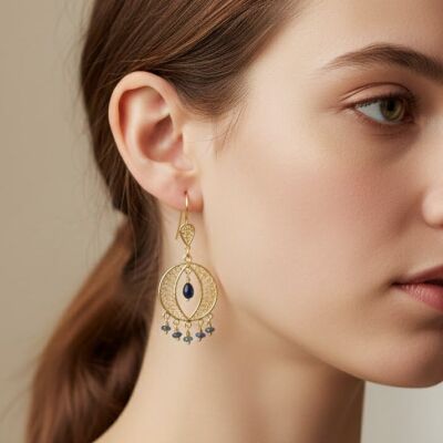 22 Ayar Altın Daire Motifli Safir Sallantılı Telkari Küpe - 2