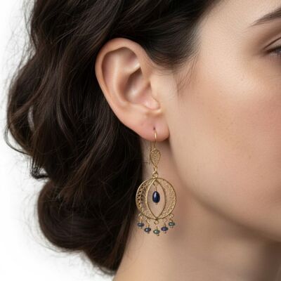 22 Ayar Altın Daire Motifli Safir Sallantılı Telkari Küpe - 4