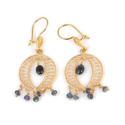 22 Ayar Altın Daire Motifli Safir Sallantılı Telkari Küpe - 1