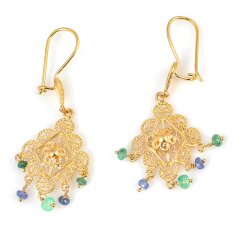 22 Ayar Altın Dörtgen Şeklinde Kök Taşlı Sallantılı Telkari Küpe - Nusrettaki