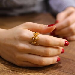 22 Ayar Altın Elişi Renkli Taşlı Dallı Yüzük - 3