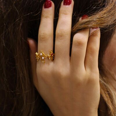 22 Ayar Altın Elişi Renkli Taşlı Dallı Yüzük - 4