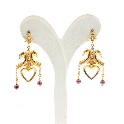 22K Gold Curly Heart Earrings with Garnet - 2