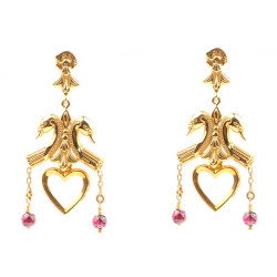 22K Gold Curly Heart Earrings with Garnet - Nusrettaki