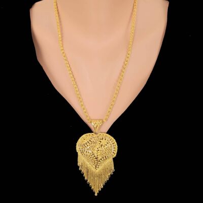 22 Ayar Altın Kabartmalı Çiçek Desenli Kalp Hint Kolye Ucu - 2