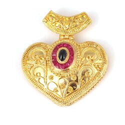 22 Ayar Altın Kalp Yakut Ve Safir Taşlı Antik Kolye Ucu - 3