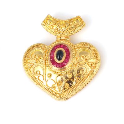 22 Ayar Altın Kalp Yakut Ve Safir Taşlı Antik Kolye Ucu - 1