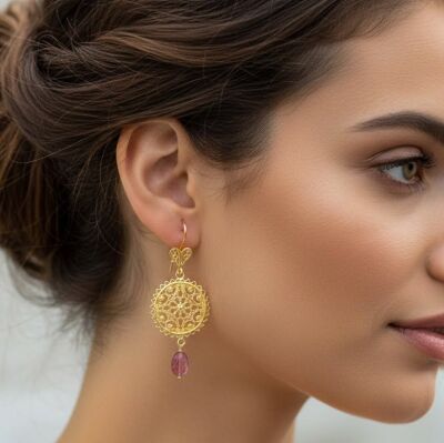 22 Ayar Altın Kubbe Motifli Yakut Sallantılı Telkari Küpe - 2