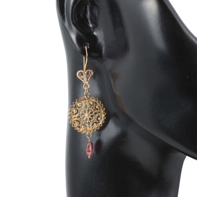 22 Ayar Altın Kubbe Motifli Yakut Sallantılı Telkari Küpe - 3