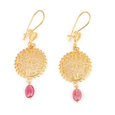 22 Ayar Altın Kubbe Motifli Yakut Sallantılı Telkari Küpe - 1