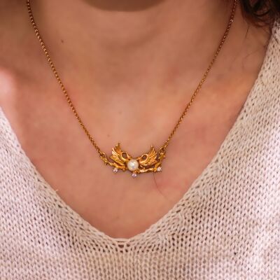 22 Ayar Altın Kuğu Modeli İnci Taşlı Kolye - 1